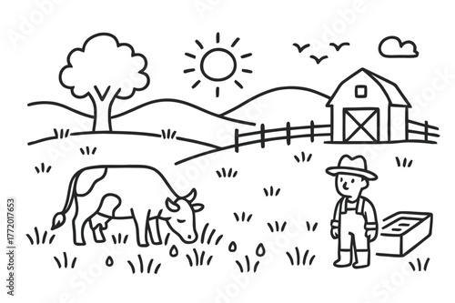Morning Farm Scene. Early morning grazing. Hand-drawn doodle illustration cattle, pasture, sunrise, hills, grass, dew drops, fence, tree, barn, farmer, hat,