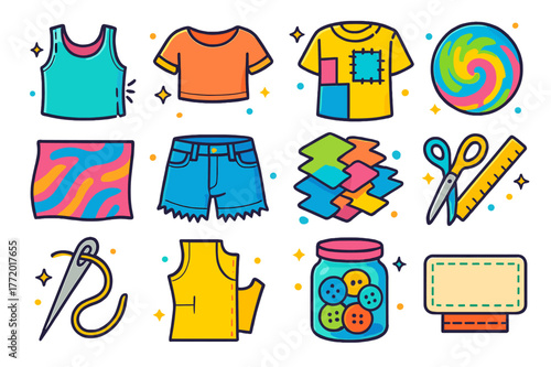 Upcycled Fashion Icons. Upcycled clothing ideas. Colorful isometric vector icons set of Upcycled clothing ideas: cut-sleeve tank top, crop tee, patchwork