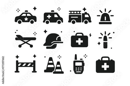 Emergency Response Icons. Emergency response on street. Solid icons set of Emergency response on street: police car, ambulance, fire engine, siren light,