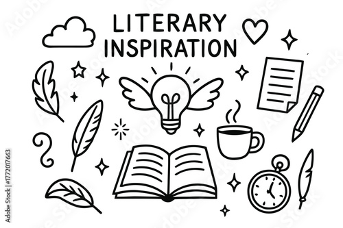 Literary Inspiration Icons. Literary inspiration. Hand-drawn doodle illustration literary inspiration light bulb, open book, feather, cloud, stars, heart,