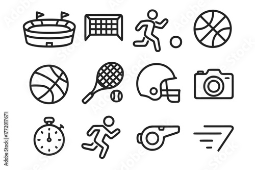 Stadium Action Icons. Stadium action. Line icon set of stadium action: stadium, goal net, athlete running, soccer ball, basketball, tennis racket, football
