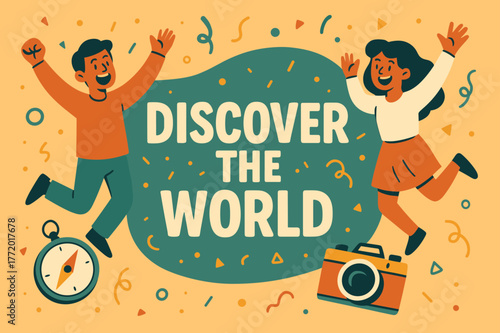 Explore the World. Discover the world banner, flat vector illustration, bold oversized text inside rounded blob, cartoon characters jumping and waving, compass