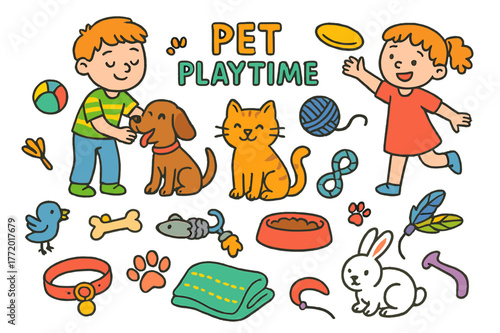 Pet Playtime Doodle. pet playtime. Colorful Hand-drawn doodle Children illustration pet playtime dog, cat, ball, chew toy, yarn, mouse toy, frisbee, bone,
