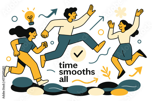 Pebble River Serenity. Pebble ? Riverbed Calm. Rounded pebbles overlap under clear rippling water; soft highlights shimmer across surfaces. Text ?time smooths