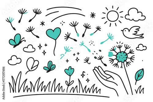 Dandelion Dreams. Dandelion seeds in the wind. Hand-drawn doodle illustration dandelion seeds in the wind [floating seeds (accented), puff ball (accented),