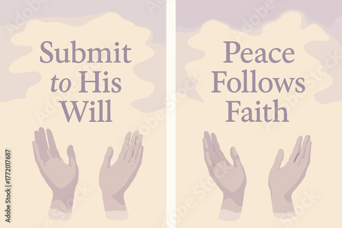 Peaceful Faith Banners. Surrender. Two vertical A6 banners with safe margins, centered composition, no elements touching edges, pastel, lavender and cream,