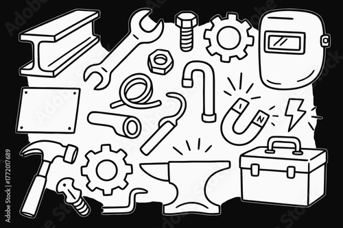 Metalwork Tools Illustration. Metal. Hand-drawn doodle illustration metal steel beam, wrench, bolt, nut, gear, hammer, sheet, wire, pipe, anvil, magnet,