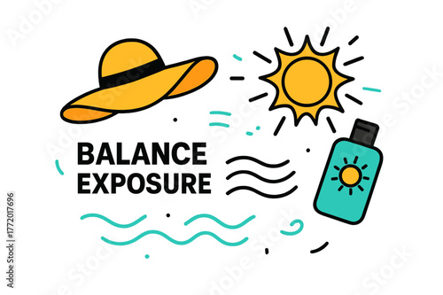 Sun Protection Essentials. Sun Protection Awareness. A sunhat and lotion bottle hover beside a glowing sun icon; ?Balance Exposure? text floats near dotted