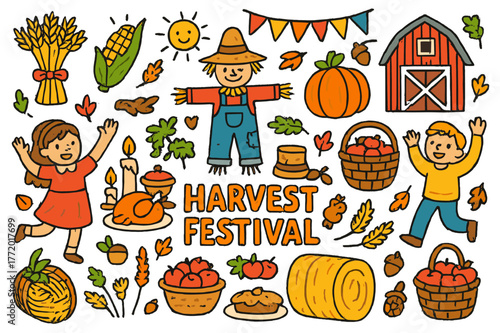 Colorful Harvest Celebration. Harvest festival. Colorful Hand-drawn doodle Children illustration Harvest festival wheat sheaves, corn, pumpkin, baskets, hay