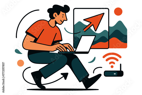 Remote Work Flow. Remote work on the go. He types beside a window with mountains stacked like paper; ?Send? arrow launches from the screen. A hotspot icon