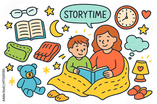 Storytime Dreams. Storytime moments. Colorful Hand-drawn doodle Children illustration Storytime moments open book, glasses, moon, stars, blanket, stuffed bear,