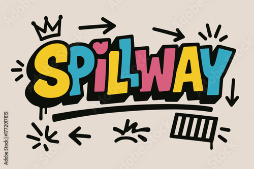 Graffiti Spillway Art. Urban Spillway ? Graffiti Simplified; thick bubble/block letters on a tilted baseline; flat spray fills with bold outline and a few tidy