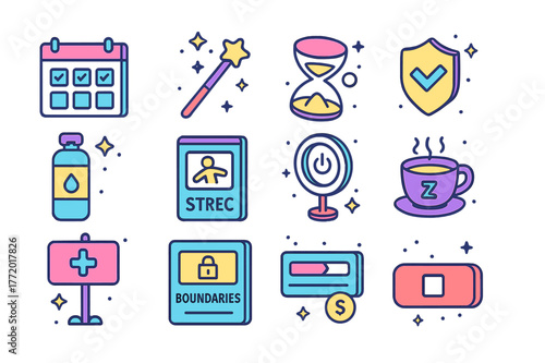 Streamer Icon Set. Streamer self-care. Colorful isometric vector icons set of Streamer self-care: stream schedule calendar, chat moderator wand, slow mode