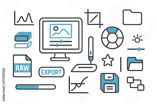 Doodle Editing Tools. Post-processing and editing. Hand-drawn doodle illustration post-processing and editing computer screen (accented), histogram, color
