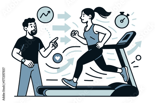 Dynamic Fitness Coaching. Fitness training and personal coaching. Trainer demonstrating proper form for running on treadmill with abstract floating arrows,