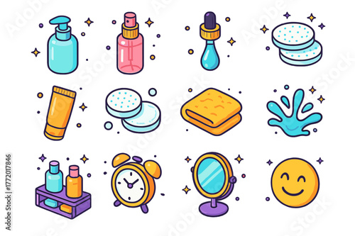 Colorful Skincare Icons. Daily skincare routine. Colorful isometric vector icons set of Daily skincare routine: cleanser bottle, toner spray, serum dropper,