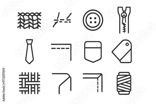 Textile Icon Grid. Textile details. Line icon set of textile details: stitch pattern, seam, button, zipper, tie, hem, label, tag, weave texture, fold, corner