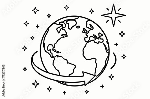 Earth's Rotation Coloring. Stars and Earth?s rotation children?s coloring book illustration, outlined drawing, a globe showing a curved arrow of rotation with