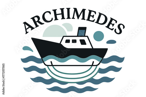 Archimedes and Waves. Boat Displacement at Sea. A ship hull cuts through stylized waves; volume lines beneath show buoyant displacement. Floating ?Archimedes?