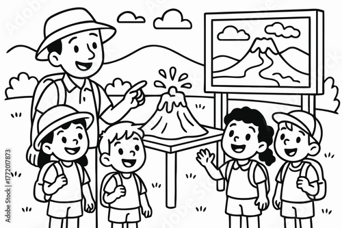 Volcano Adventure Coloring. Volcano field trip children?s coloring book illustration, outlined drawing, cheerful kids with a guide looking at a model volcano