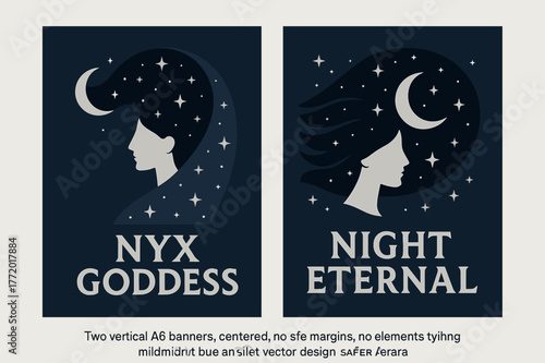 Nyx_ Night Eternal Banners. Primordial Night. Two vertical A6 banners with safe margins, centered composition, no elements touching edges, flat vector design,