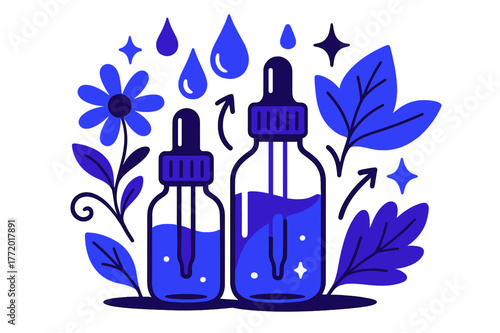 Essential Oils Harmony. Aromatherapy oils. Essential oils arranged with flowers and leaves with abstract floating droplets, arrows, and sparkles; conveys