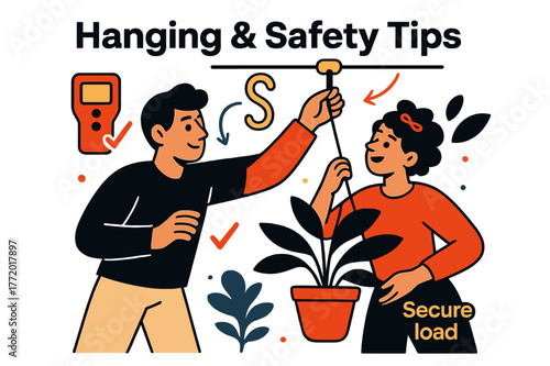 Secure Hanging Tips. Hanging & safety tips. A stud finder, ceiling hook, and S-hook align with checkmarks; ?Secure load? glows beside a plant silhouette. A