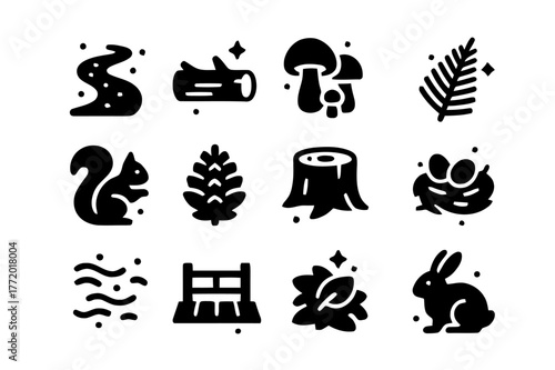 Forest Path Icons. Forest Path. Solid icons set of Forest Path: dirt trail, fallen log, mushrooms, fern leaf, squirrel, pine cone, tree stump, bird nest, mist,