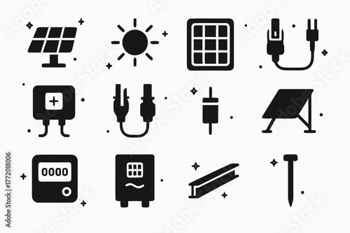 Solar Panel Icons. Solar panels. Solid icons set of Solar panels: photovoltaic panel, sun, photovoltaic cell, wiring harness, junction box, MC4 connector,