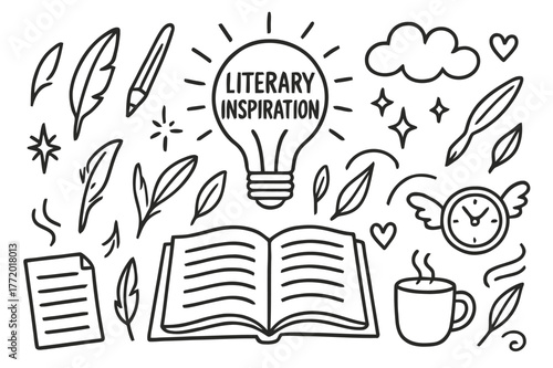 Literary Inspiration Icons. Literary inspiration. Hand-drawn doodle illustration literary inspiration light bulb, open book, feather, cloud, stars, heart,