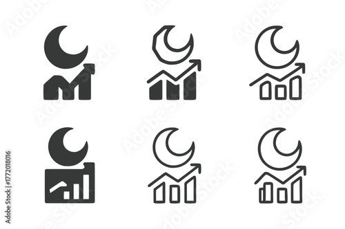 Crescent Moon Logos. Sleep and recovery. Set Logo of Sleep and recovery: crescent moon over recovery graph. harmonious logo variations of the same emblematic