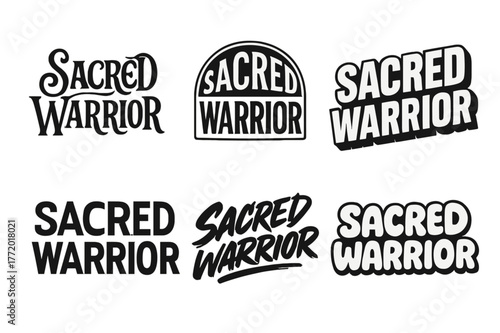 Sacred Warrior Typography. Sacred Warrior. Set lettering. harmonious lettering variations of the same emblematic concept (Whimsical curly type with flourishes,