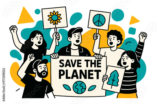 Dynamic Environmental Protest Scene. Environmental Protests. Crowd holding banners and signs with floating abstract geometric shapes and green accents, lively