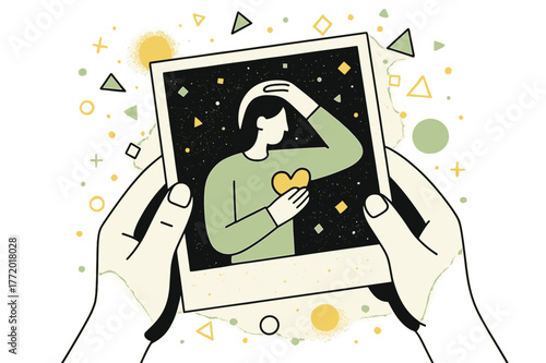 Dusty Photograph Nostalgia. Dusty Photograph. Hands holding an aged, dusty photograph with floating abstract geometric dust particles and soft glowing accents,