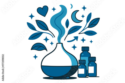 Aromatic Wellness Essence. Aromatherapy oils. Diffuser releasing aromatic steam with abstract floating icons, leaves, and sparkles; conveys calm, relaxation,