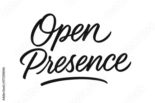 Elegant Script Hand-Lettering. . Open Presence ? Script Hand-Lettering: fluid brush-style semi-cursive with steady rhythm, thin connectors, wide downstrokes;