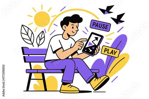 Mobile Gaming Escape. Playing a mobile game on the go ? Park bench break. Sunbeams and leaves arc around as the player tilts the screen; birds become abstract