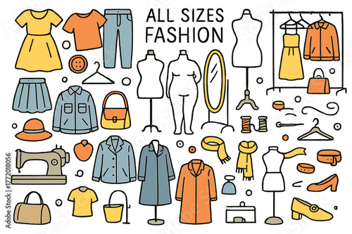 Colorful Fashion Doodles. All sizes fashion. Hand-drawn doodle illustration dresses (colored), shirts (colored), pants (colored), skirts (colored), jackets