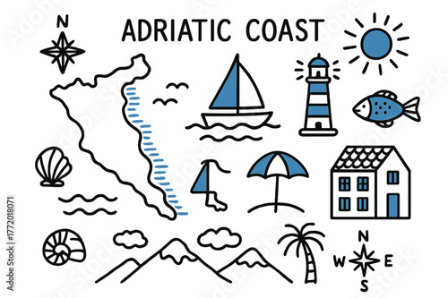 Adriatic Coast Doodle. // Adriatic coast. Hand-drawn doodle illustration Adriatic coast [coastal map (accented), sailboat (accented), lighthouse (accented),