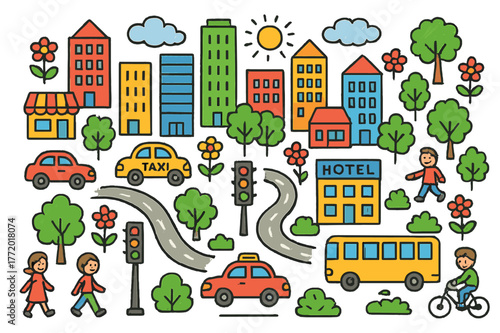 Whimsical City Cartoon. City. Colorful Hand-drawn doodle Children illustration City skyscrapers, cars, buses, taxis, bicycles, pedestrians, streets, roads,