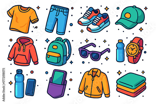 Casual Outfit Icons. Everyday casual outfits. Colorful isometric vector icons set of Everyday casual outfits: worn T-shirt, denim jeans, sneakers, baseball