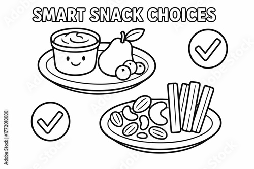 Smart Snack Choices. Smart snack choices children?s coloring book illustration, outlined drawing, two small plates showing nuts, yogurt, fruit, and veggie