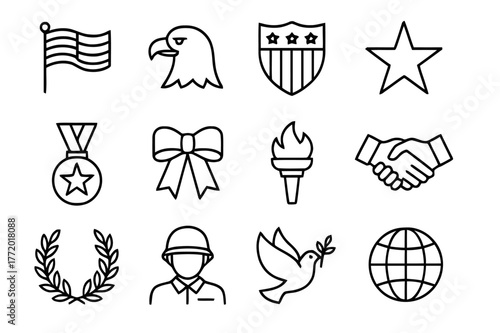 Patriotic Icon Set. Patriotic symbols. Line icon set of patriotic symbols: flag, eagle, shield, star, medal, ribbon, torch, handshake, laurel wreath, soldier,