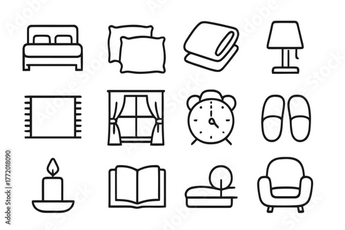 Cozy Bedroom Essentials. Bedroom Comfort. Line icon set of Bedroom Comfort: bed, pillows, blanket, bedside lamp, rug, curtain, window, alarm clock, slippers,