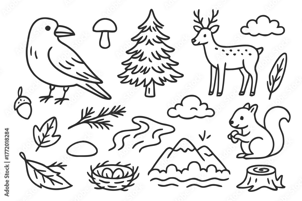 Obraz premium Raven and Forest Icons. Raven and forest. Hand-drawn doodle illustration Raven and forest pine tree, branch, mushroom, rock, fallen leaf, nest, acorn, river,