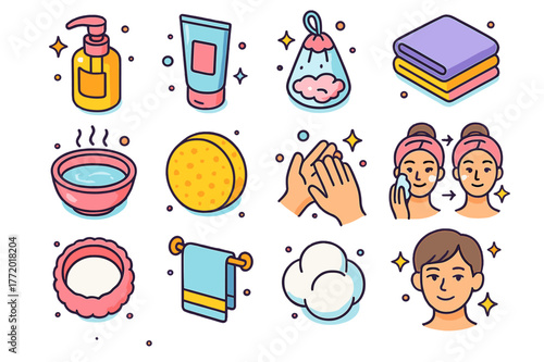 Face Cleansing Icons. Face cleansing essentials. Colorful isometric vector icons set of Face cleansing essentials: cleansing oil, gel cleanser, foaming net,