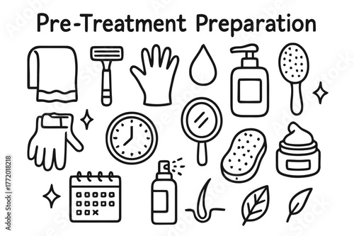 Pre-Treatment Essentials. Pre-treatment preparation. Hand-drawn doodle illustration Pre-treatment preparation towel, razor, glove, droplet, lotion bottle,