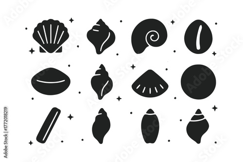 Seashell Silhouette Collection. Minimalist Seashell Silhouettes. Solid icons set of Minimalist Seashell Silhouettes: scallop silhouette, conch silhouette,