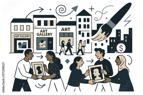 Vibrant Art Exchange. The art market's influence on society. A cityscape filled with art galleries, people from different cultures exchanging art pieces, a