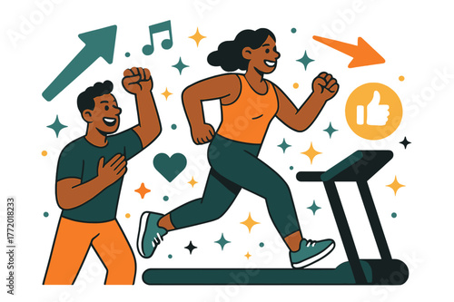 Energetic Cardio Motivation. Workout motivation. Personal trainer cheering client during cardio session with abstract floating arrows, icons, and sparkles;